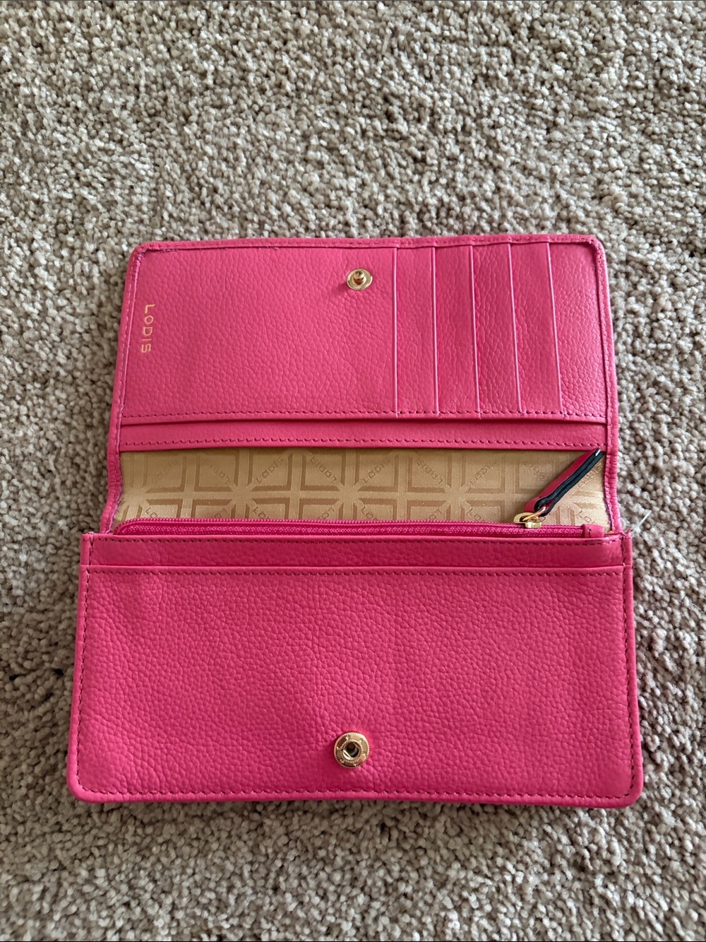 Lodis Hot Pink Genuine Leather Continental Wallet with Gold Button NEW - Picture 3 of 6